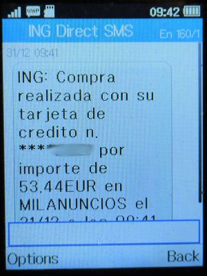 Milanuncios, SMS von der ING Direct Bank zur Zahlungsbestätigung auf einem Alcatel 2051X