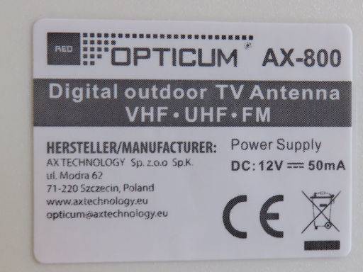 Opticum™ AX 800, DVB–T Antenne, Technische Daten