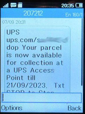 UPS®, SMS Benachrichtigung im September 2023 auf einem Alcatel 2051X