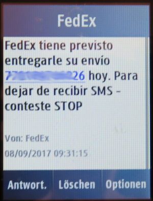 FedEx®, SMS mit Ankündigung Zustellung auf einem Samsung GT–C3300K