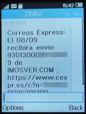 Correos Express, Paketdienst Spanien, SMS Zustellungsankündigung auf einem Alcatel 2051X