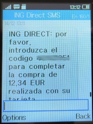 Mondial Relay Punto Pack®, SMS von der ING Direct Bank zur Zahlungsbestätigung auf einem Alcatel 2051X