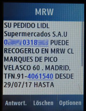 MRW, SMS mit Sendungsungbenachrichtigung auf einem Samsung GT–C3300K