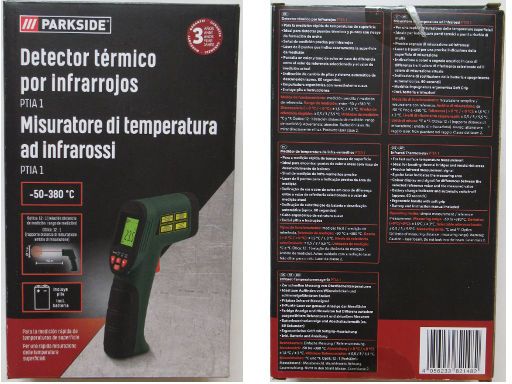 Parkside® Infrarot-Temperaturmessgerät, Verpackung Vorder– und Rückseite