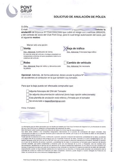 Pont Grup Versicherungen, Spanien, Formular „Solicitud de anulación de póliza“