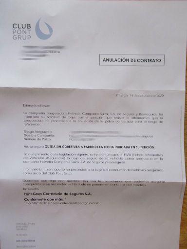 Pont Grup Versicherungen, Spanien, Kündigungsbestätigung per Briefpost 20. Oktober 2020