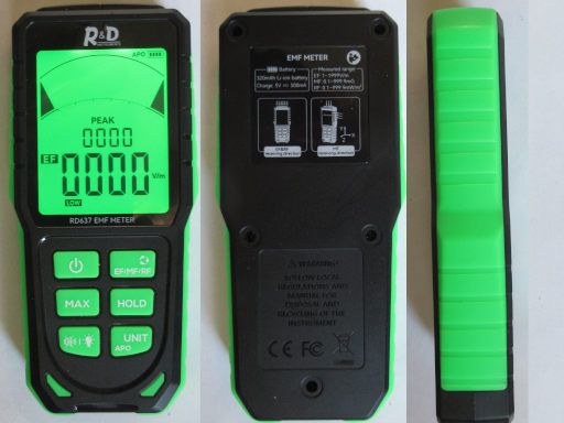 R&D Instruments RD 637, EMF Messger&auml;t, Bildschirm, Tasten, Ansicht vorne, hinten und Seite