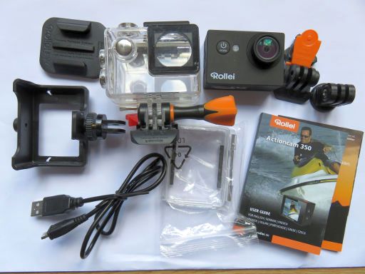 Rollei Actioncam 350, Lieferumfang mit Kamera, Bedienungsanleitung, Gehäuse, Halterungen, Verbindungskabel