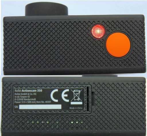 Rollei Actioncam 350, Ansicht von oben und unten mit Batteriefach