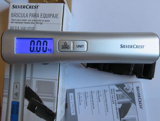 Silvercrest® digitale Kofferwaage, Lidl, digitale Anzeige, An– Ausschalter und Einheit kg / lb