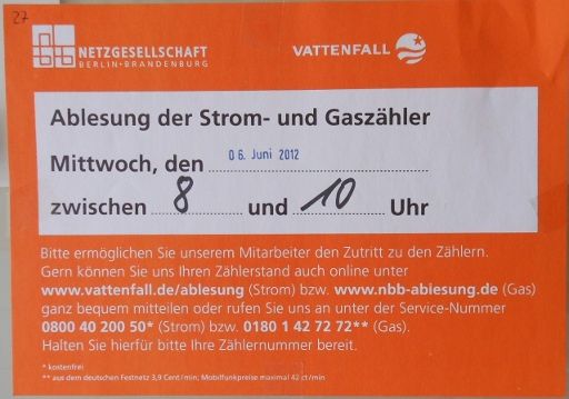 Stadtwerke Flensburg, Ableseankündigung durch den örtlichen Netzbetreiber Vattenfall