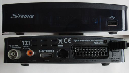 Strong SRT 8209 DVB-T2 HD Receiver, Geräteansicht und Anschlüsse auf der Rückseite