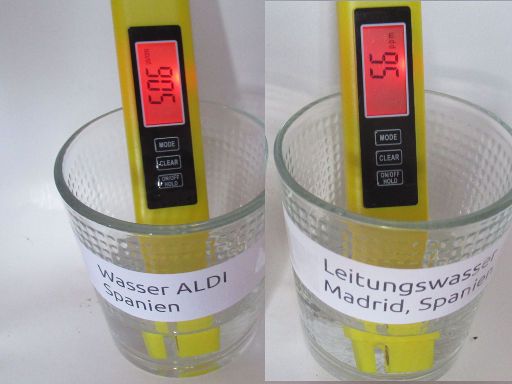 TDS und pH Messgeräte, Messung Leitfähigkeit Mineralwasser ALDI und Leitungswasser Madrid 
