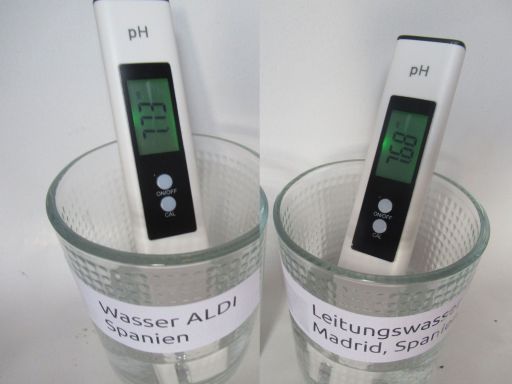 TDS und pH Messgeräte, Messung pH-Wert Mineralwasser ALDI und Leitungswasser Madrid