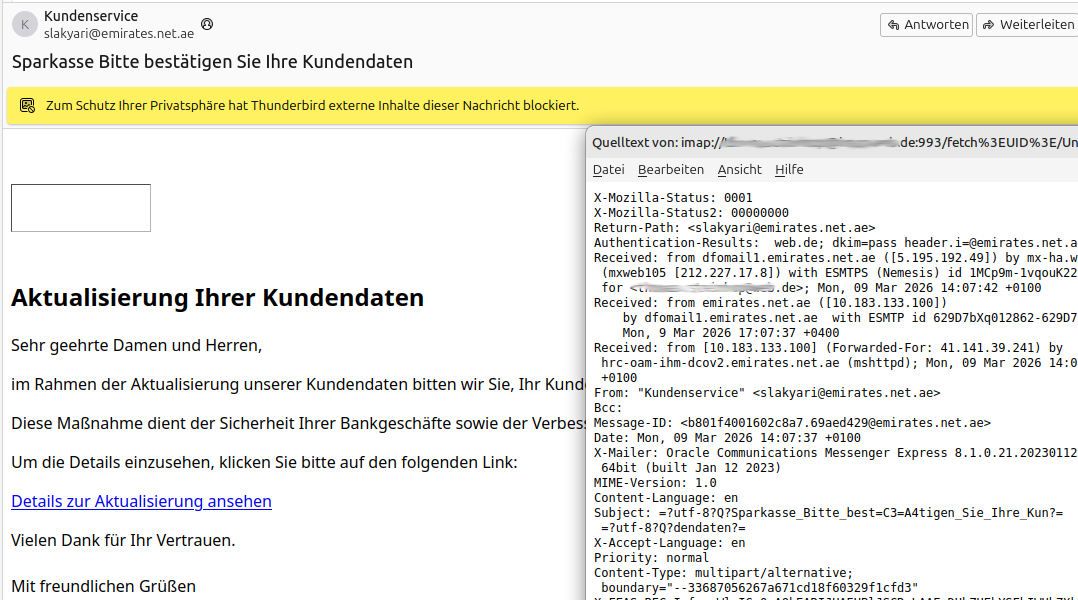 Phishing e&ndash;mail vermeintlich Sparkasse, slakyari@emirates.net.ae im M&auml;rz 2026