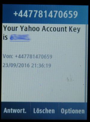 Yahoo! Mail, Spanien, SMS mit dem Sicherheitscode auf einem Samsung GT–C3300K