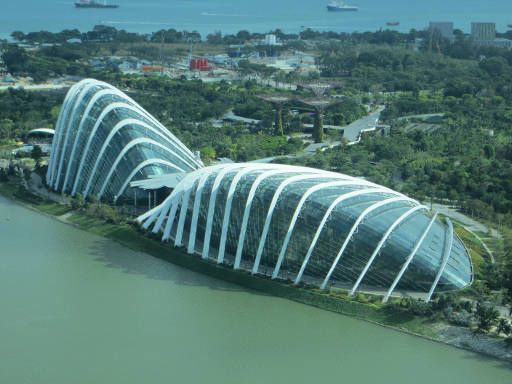 Gardens by the Bay, Flower Dome und Cloud Forest, Singapore, Ansicht Flower Dome und Cloud Forest vom Singapore Flyer