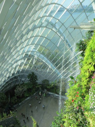 Gardens by the Bay, Flower Dome und Cloud Forest, Singapore, Cloud Forest Wasserfall Ansicht von oben