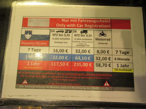 DARS PKW Maut e-Vignette, Slowenien, Preise für PKW, Wohnmobile und Motorrad