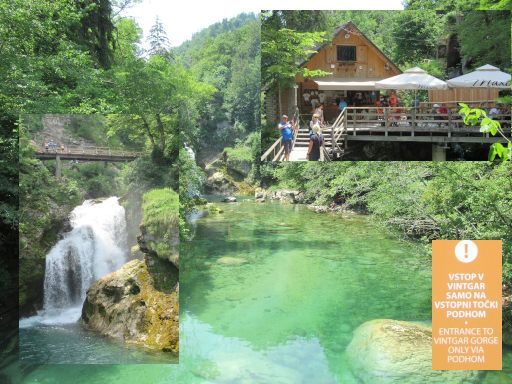Bled, Slowenien, Vintgar Schlucht mit Wasserfall und Ausflugslokal