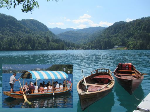 Bled, Slowenien, Elektroboote, Ruderboote zur Insel