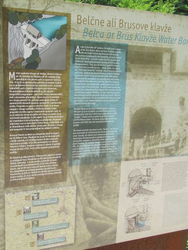 Belca / Brus Klausdamm, Idrija, Slowenien, Informationen auf Slowenisch und Englisch