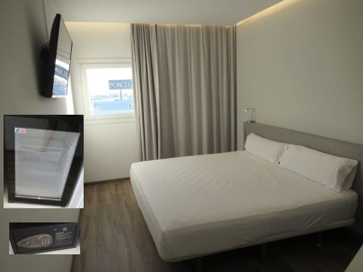 B&B Hotel Almer&iacute;a V&iacute;car, Almer&iacute;a, Spanien, Doppelzimmer 415 mit gro&szlig;em Bett, Fenster, Vorh&auml;nge, Flachbildfernseher, lautloser K&uuml;hlschrank und Minisafe