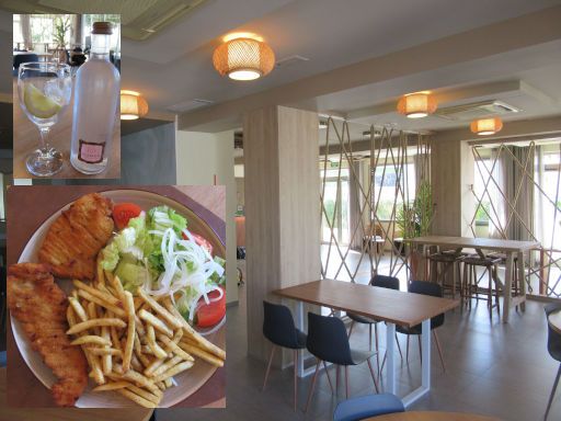 Casual Bahía Ibiza, Sant Josep de sa Talaia, Spanien, Restaurant, Hähnchenschnitzel und Mineralwasser