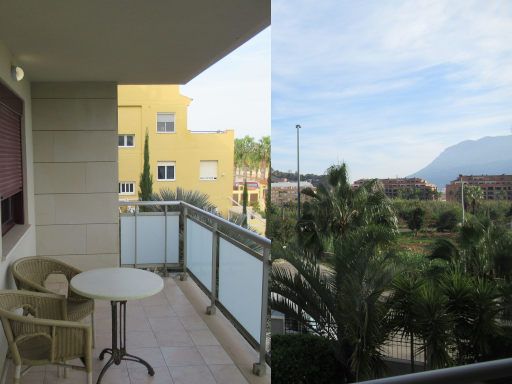 Hotel Daniya Denia, Dénia, Spanien, Balkon mit Tisch und Stühlen und Blick zur Burg