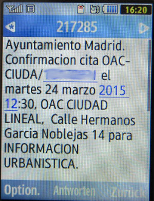 Terminbestätigung per SMS beim Ayuntamiento Madrid auf einem Samsung GT–C3590