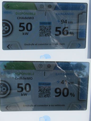 Powerdot, Ladesäulen, Elektrofahrzeuge, Alcalá de Henares, Spanien, BYD SEAL U  Ladeleistungen bei 56 % und 90 %
