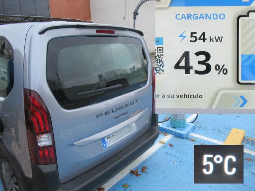 Powerdot, Lades&auml;ulen, Elektrofahrzeuge, Alcal&aacute; de Henares, Spanien, Peugeot Rifter mit CCS2 verbunden Dezember 2025 , 5 Grad Celsius