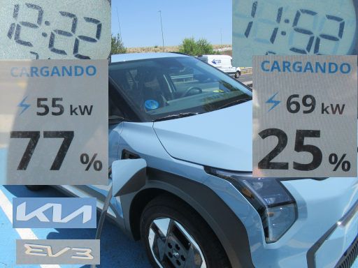 Powerdot, Lades&auml;ulen, Elektrofahrzeuge, Alcal&aacute; de Henares, Spanien, Kia EV3 mit CCS2 verbunden Juni 2026, &uuml;ber 30 Grad Celsius