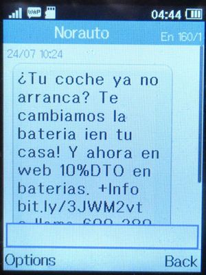 Norauto, Alcalá de Henares, Spanien, SMS Werbung Juli 2023 trotz Löschung Kundenkonto auf einem Alcatel 2051X