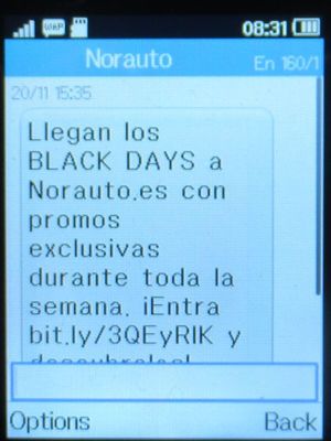 Norauto, Alcalá de Henares, Spanien, SMS Black Friday 2023 trotz Löschung Kundenkonto auf einem Alcatel 2051X