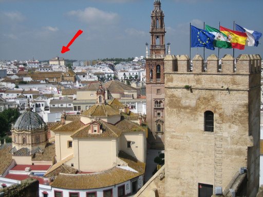 Carmona, Spanien, Alcázar de la Puerta de Sevilla, Blick auf den Ort Richtung Speicher