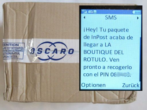 Oscaro Autoteile, Castelldefels, Spanien, Paket und Versandmitteilung von InPost im September 2026 auf einem danew KONNECT 43 Mobiltelefon