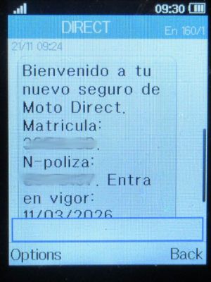 Direct Seguros Versicherung, Spanien, Versicherungsbestätigung Motorrad im November 2025 per SMS auf Alcatel 2051X Mobiltelefon