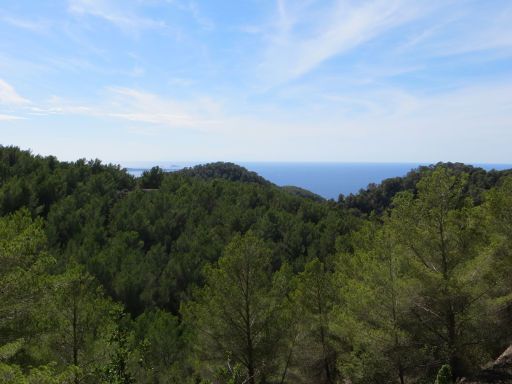 Ibiza, Spanien, Mietwagen Strecke PM–812 Sant Antoni – Santa Agnes de Corona, Blick auf das Mittelmeer