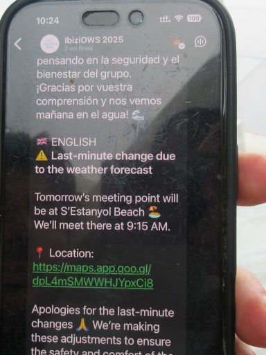 ibiziOWS 2025, Ibiza, Spanien, WhatsApp Nachricht geänderter Startpunkt am Sonntag