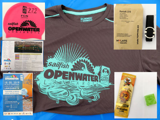 Lanzarote, Sailfish Lanzarote Open Water 2018, Spanien, Starterpaket mit Kappe, Veranstaltungsinformationen, Werbung, Empfänger Zeitmessung, Probe Sonnencreme, Aloe Vera Seife und T-Shirt