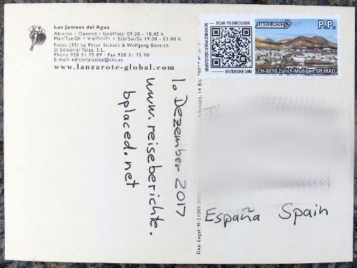 SWISS POST, Spanien, Postkarte nach Madrid, Spanien frankiert und am 1. Dezember 2017 abgeschickt