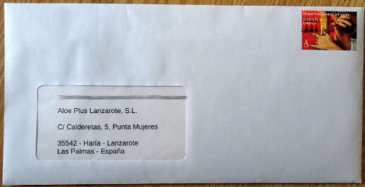 Aloe Plus Lanzarote, Yaiza, Lanzarote, Spanien, Brief im November 2018 auf Lanzarote abgeschickt