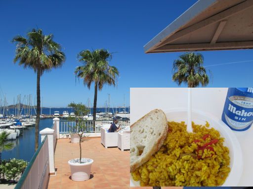 III. Traves&iacute;a Nataci&oacute;n Mar Menor 2026, Los Nietos, Spanien, Paella mit Wei&szlig;brot und alkoholfreies Bier