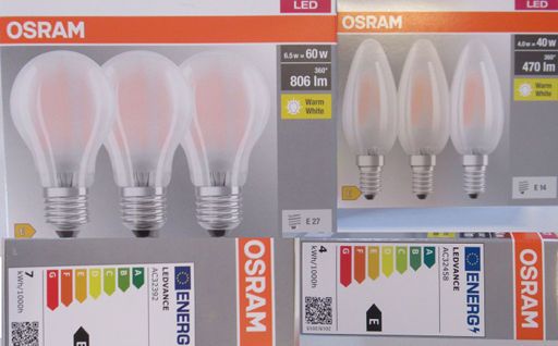 ALDI Supermercados, Madrid, Spanien, OSRAM LED BASE CLASSIC A 60 Lampe E27 6,5 Watt und OSRAM LED BASE CLASSIC B 40 Lampe E14 4,0 Watt