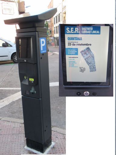 Anwohnerparkausweis, SER Servicio de Estacionamiento Regulado, Madrid, Spanien, Parkscheinautomat mit Bildschirm, Kartenlesegerät und Münzeinwurf