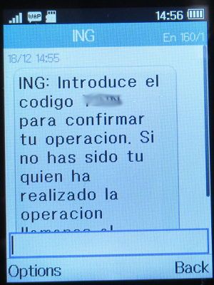 APP Informatica Online und Ladengeschäfte, Madrid, Spanien, Sicherheitscode SMS von der ING Direct Bank auf einem Alcatel 2051X