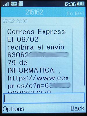 APP Informatica Online und Ladengeschäfte, Madrid, Spanien, Versandankündigung SMS von Correos Express auf einem Alcatel 2051X