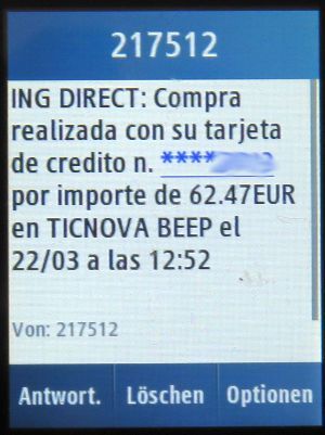 Beep Online und Ladengeschäfte, Madrid, Spanien, ING Direct SMS Zahlungsbestätigung auf einem Samsung GT–C3300K Mobiltelefon