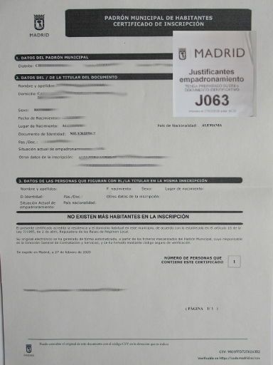 Botschaft Bundesrepublik Deutschland, Madrid, Spanien, Wohnsitzbescheinigung Spanien Padrón Municipal de Habitantes Certificado de Inscripción